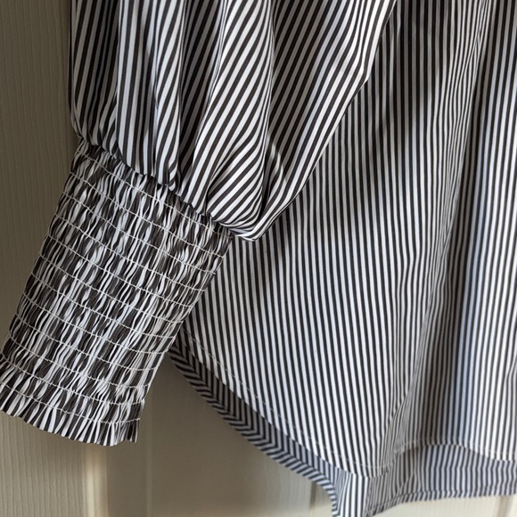 Striped Button-Down Blouse w/ Smocked Cuffs & Pockets - Picture 2 of 3